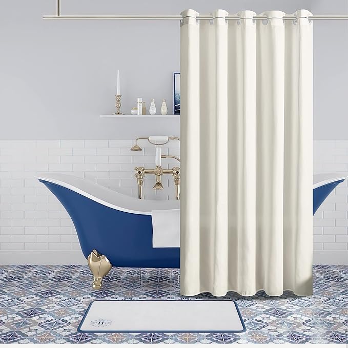 Furlinic Beige No Hook Small Stall Shower Curtain 48x78 Inch,Half Narrow Size Polyester Fabric Bathroom Curtains with 6 Plastic Split Grommets,Hotel Quality Waterproof Washable Bath Curtain