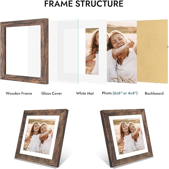 6x6 Picture Frame with Glass, Display Pictures 4x4 with Mat or 6 x 6 without Mat - Wall and Tabletop, 6 by 6 Photo Wooden Frames (Rustic Brown, 1 Pack)