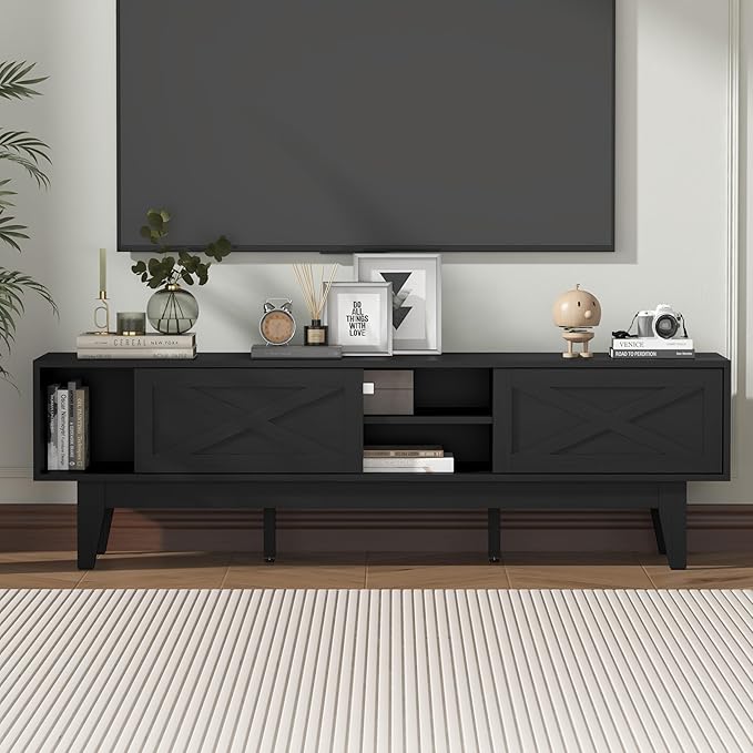 Wooden TV Stand for 55 65 70 inch TV, Long & Large TV Media Console Table with Storage Cabinets, Boho Farmhouse Entertainment Center for Living Room, Bedroom - Black