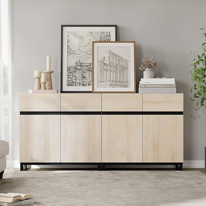 WAMPAT Modern TV Stand for TVs Up to 70 Inch, 2 in 1 Entertainment Center with Adjustable Shelves and Metal Base, Media Console for Living Room and Bedroom, Light Oak