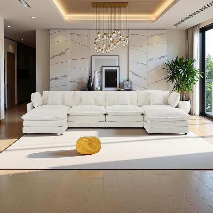 149.6" Sectional Couch, Upholstered Modular Sofa L Shaped Couch with Ottoman, Sectional Couches for Living Room and Office, Beige