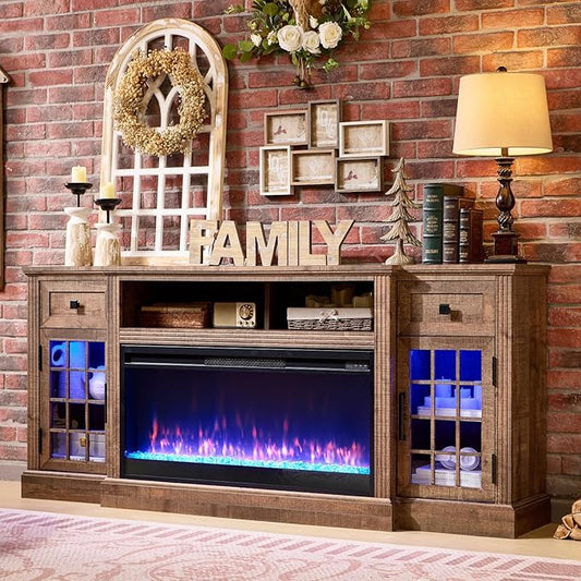 Farmhouse Fireplace TV Stand for 80 Inch TV, Entertainment Center w/ 36'' Electric Fireplace & LED Lights, Mordern Media Console with Storage Drawers & Cabinets for Living Room, Light Brown
