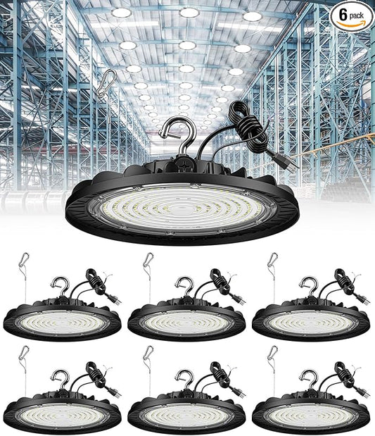 6 Pack UFO LED High Bay Lights 150W 22500LM, 5000K 0-10V Dimmable High Bay Led Shop Lights AC100-277V with 5' Cable Plug, ETL Listed High Bay Light for Warehouse Garage Factory Workshop Barn