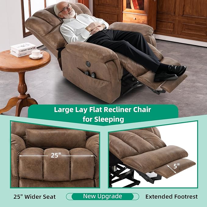 VIVIJASON Tall Man Large Dual Motor Power Lift Recliner Chair with Extended Footrest, Overstuffed Lay Flat Sleeper Electric Recliner W/Heat & Massage, Lumbar Pillow, USB & Type-C Ports, Brown