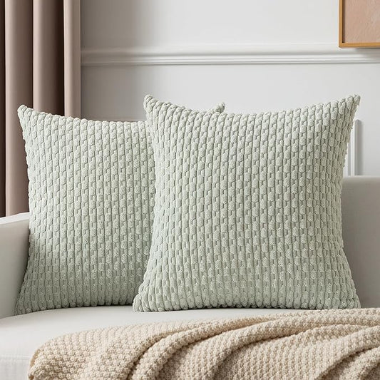 Kevin Textile Pack of 2 Corduroy Decorative Throw Pillow Covers 24x24 Inch Soft Boho Striped Pillow Covers Modern Farmhouse Home Decor for Spring Sofa Living Room Couch Bed Light Green