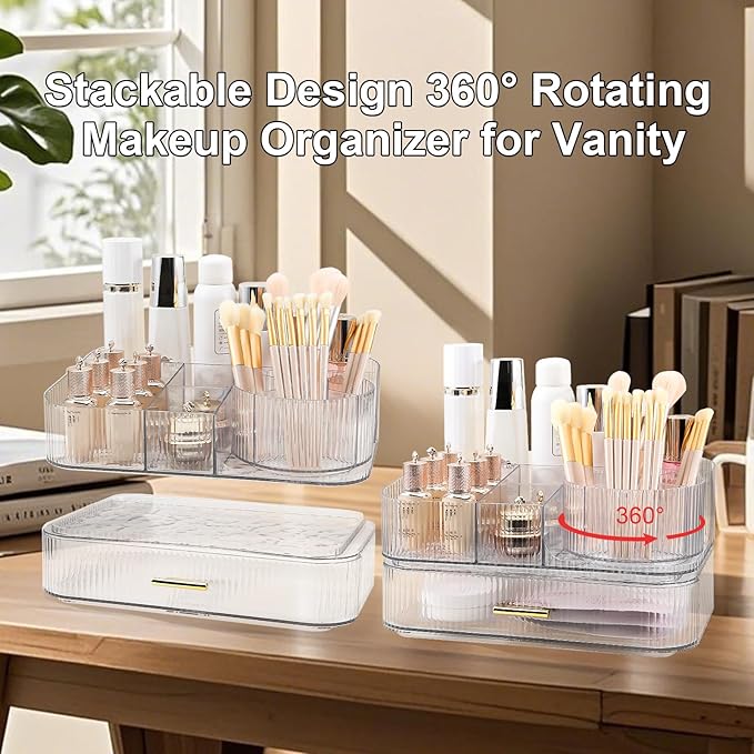 DASITON Makeup Organizer with Drawers and Rotating Makeup Brush Holder,Large Capacity Stackable Cosmetic Organizer Countertop,Bathroom Organizers and Storage,Make up Organizers for Vanity (Clear 02)