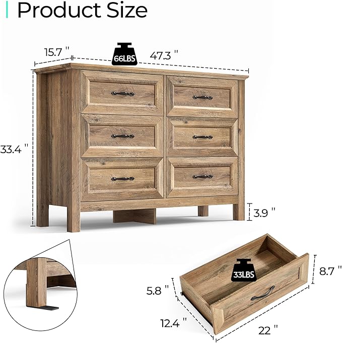 LINSY HOME 6 Drawer Double Dresser for Bedroom, Modern Farmhouse Wide Chest of Drawers, Dressers Organizer for Living Room, Closet, Hallway, Rustic Brown