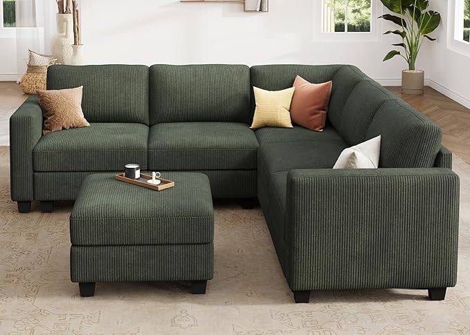 HONBAY Corduroy Modular Sectional Couch with Storage L-Shaped Sectional Couches for Living Room 6 Seater Modular Sofa, Green
