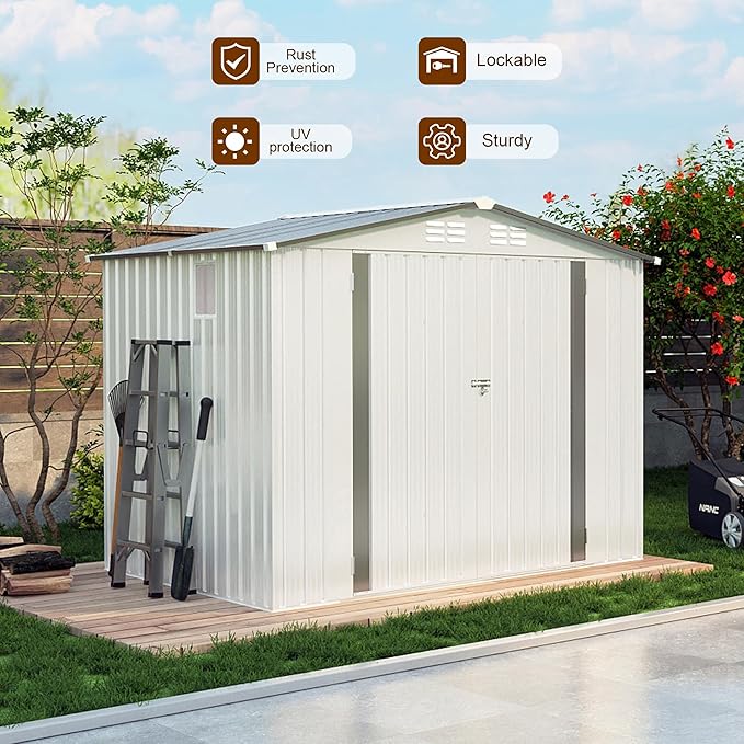 8x5.7x6FT Storage Shed, Outdoor Galvanized Steel Garden Shed with Lockable Door & Window, Waterproof Metal Tool Storage for Garden, Backyard, Patio, Lawn