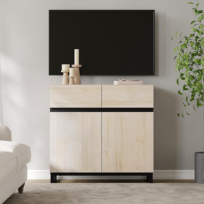 Wampat Modern TV Stand for 40 inch TVs, Entertainment Center Console with Adjustable Shelves and Metal Base for Living Room, Bedroom, Light Oak