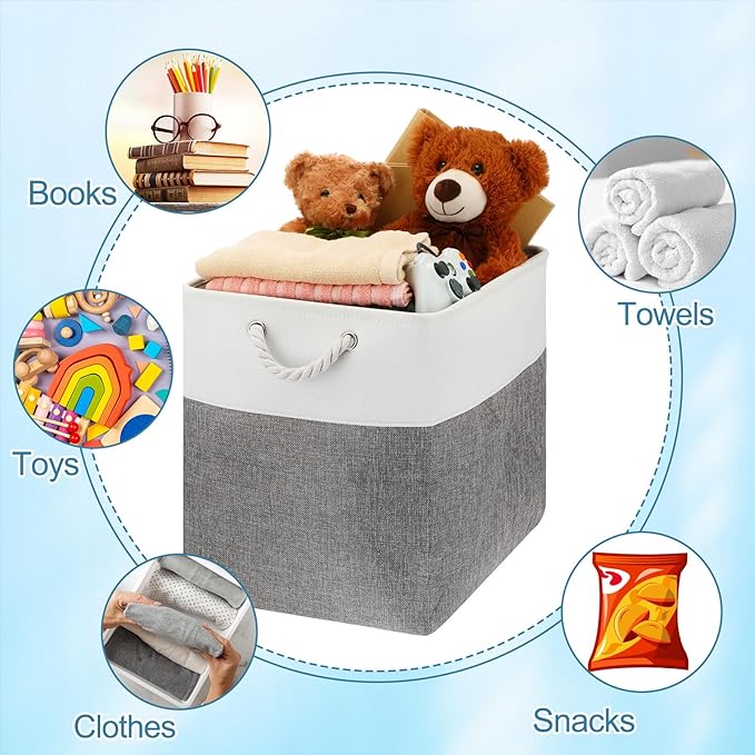 meekoo 8 Pack Collapsible Storage Bins Fabric Storage Bins Polyester Fabric Baskets with Handles Linen Closet Organizer for Shelf Home Closet Towels Toys(17 x 12 x 15 in,Gray White)