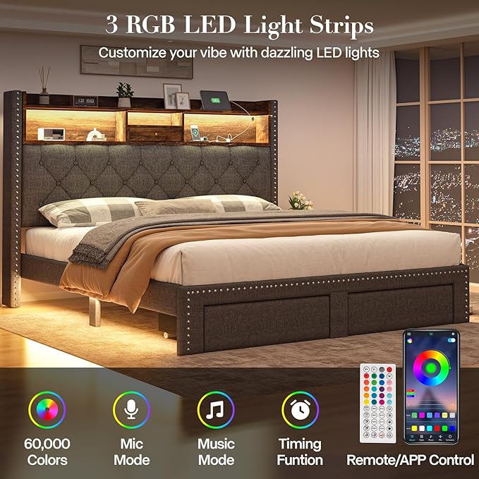 Queen Size Bed Frame, Linen Storage Headboard with LED Light & Charging Station, Upholstered Platform Bed with 2 Storage Drawers, Steel Slats Support, No Box Spring Needed, Grey