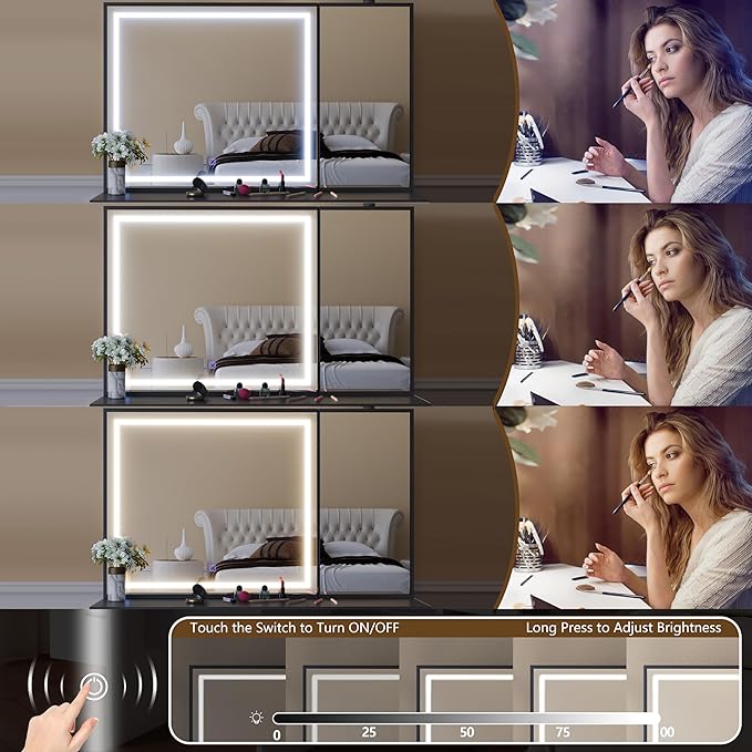 Vanity Desk with Large Mirror and Lights, Black Makeup Vanity with 7 Drawers, Adjustable Brightness Vanity Table with Glass Door Cabinet, Modern Vanity Set with Stool for Bedroom