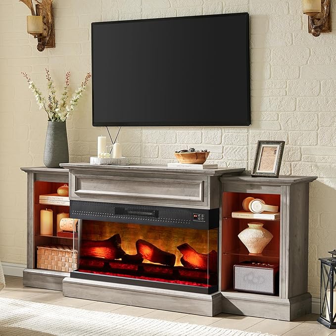 AMERLIFE 60" Electric Fireplace with Mantel, Farmhouse 3-Sided Fireplace TV Stand for TVs up to 65 Inch, Entertainment Center with Adjustable Shelves & LED Light, Rustic Grey