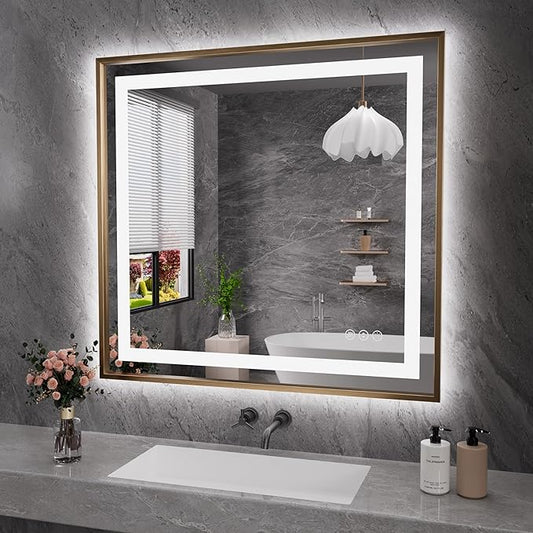 Amorho 40"X38" LED Bathroom Mirror, Gold Metal Framed Mirror with Front Light and Backlit, Stepless Dimmable, Anti-Fog, Shatter-Proof, Memory, 3 Colors