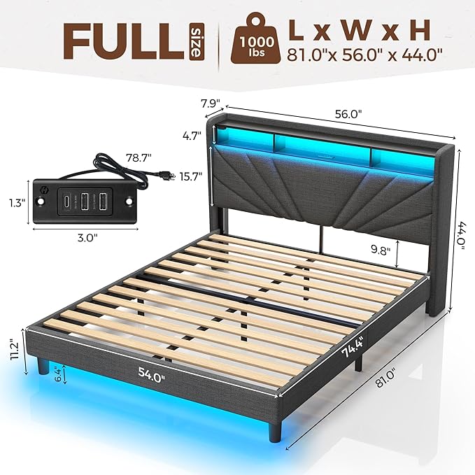 Rolanstar Full Size Bed Frame, Storage Headboard with Charging Station and LED Lights, Upholstered Bed with Heavy Duty Wood Slats, No Box Spring Needed, Noise Free, Easy Assembly, Dark Grey