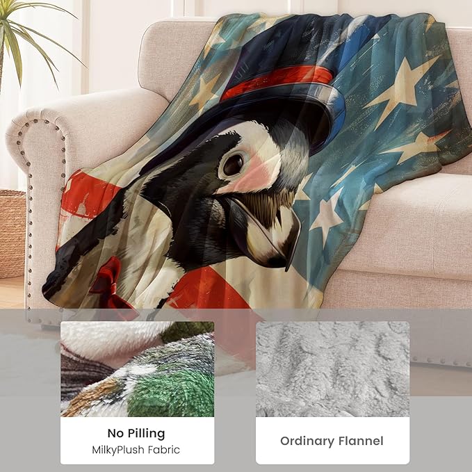 Penguin Blanket for Women, Boys, Girls - Flannel American Flag Throw for Sofa, Couch, Bed, Living Room - Soft Warm Cozy Decor 60" x 50"