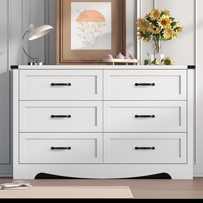 6-Drawer Dresser for Bedroom – 47" Wide Modern Wooden Chest with Natural Wood Texture, TV Stand & Storage, Metal Corner Brackets, Wood Drawer Organizer for Living Room, Hallway