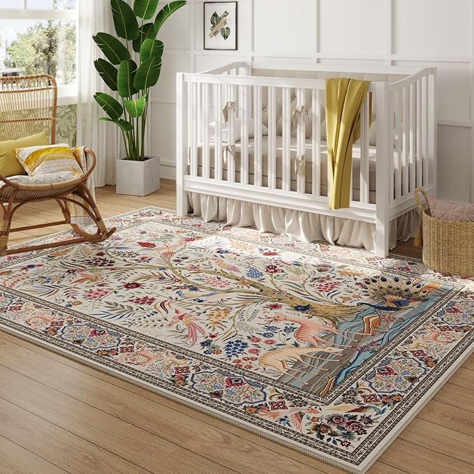 8x10 Area Rugs Vibrant Tree of Life-Patterned Vintage Washable Area Rug Non Slip Low Pile Large Rug for Bedroom Farmhouse Dining Room Kids Playroom, Beige