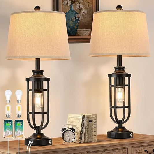 28" Table Lamps for Living Room Set of 2, Farmhouse Lamps for Night Stands with USB A+C, Bedside Lamps for Bedroom End Tables, Bulbs Included, Black