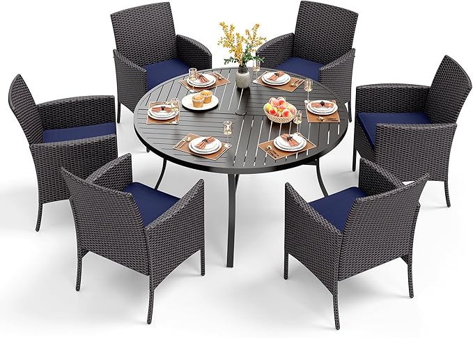 PHI VILLA 7 Pieces Outdoor Round Dining Set for 6, Large Metal Dining Table with Umbrella Hole & Cushioned Wicker Rattan Chairs, Dining Furniture Set for Patio, Deck, Yard, Porch