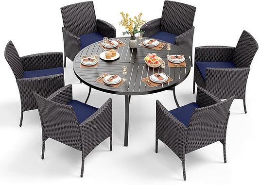 PHI VILLA 7 Pieces Outdoor Round Dining Set for 6, Large Metal Dining Table with Umbrella Hole & Cushioned Wicker Rattan Chairs, Dining Furniture Set for Patio, Deck, Yard, Porch