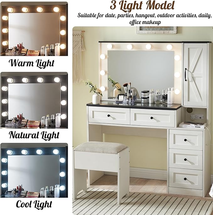 Farmhouse Vanity Desk with Mirror and Lights, 43" Wide Makeup Vanity with Glass Tabletop and Charging Station, Modern Vanity Table Set with Storage and Stool for Bedroom, Off White