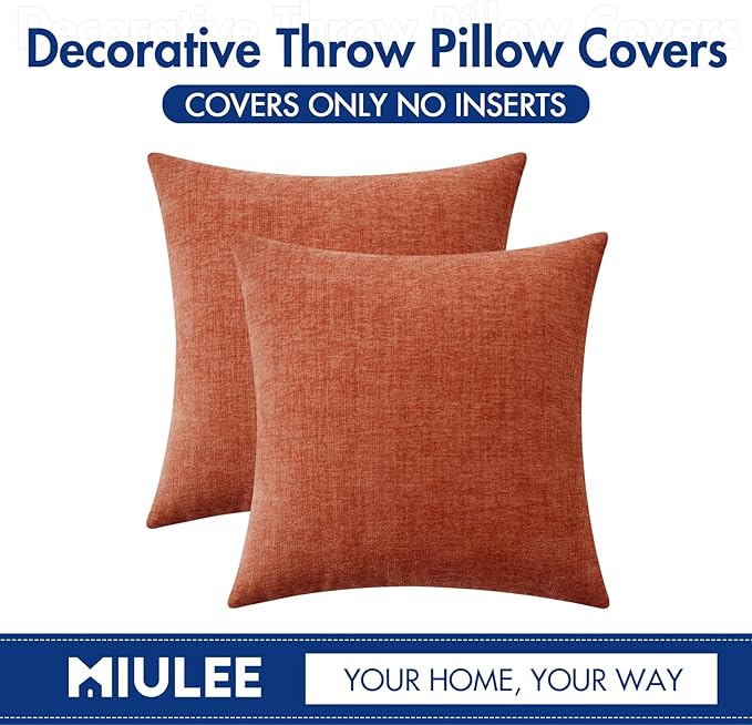 MIULEE Fall Pack of 2 Couch Throw Pillow Covers 16x16 Inch Soft Burnt Orange Chenille Pillow Covers for Sofa Living Room Solid Dyed Pillow Cases