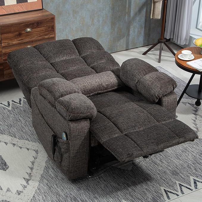 3-Motor Lift Chair with Adjustable Seat Height Zero Gravity Lay Flat Recliner with Heat Massage - Flip Arm Storage Cup Holders - Power Lift Recliner for Elderly – Big Tall 400 lbs (Dark Charcoal Grey)