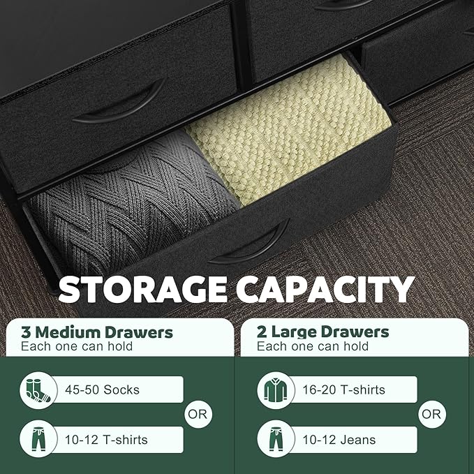 Dresser for Bedroom with 5 Drawers, Chest of Drawers, Storage Drawers Organizer Unit, Black Wide Fabric Dresser with Fabric Bins for Closet, Living Room, Bedroom (Charcoal Black)