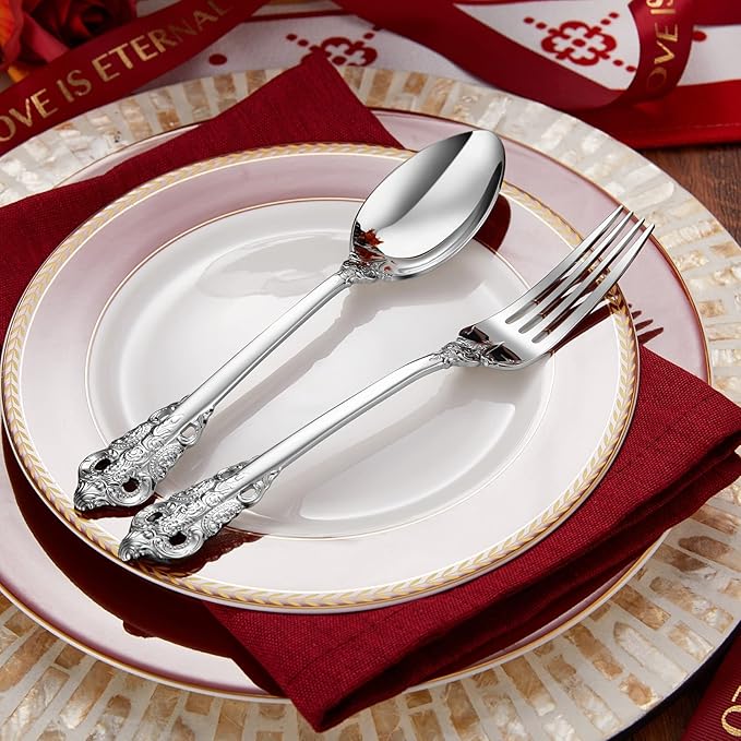 KEAWELL Luxury 65-Piece Silverware Set, 18/10 Stainless Steel, Service for 12, Mirror Finish, Antique Baroque Design, Dishwasher Safe (Silver)