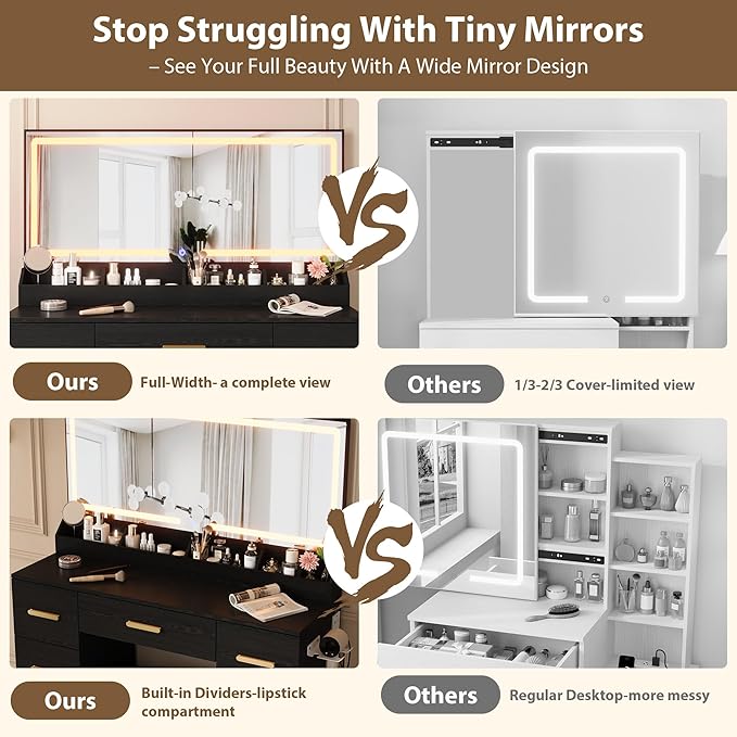 Garvee Vanity Desk with Large Mirror and Lights, 45.9In Makeup Vanity Desk, 3 Lighting Modes Adjustable Brightness, Vanity Table with Power Outlet &8 Drawers, for Powder Room and Bedroom