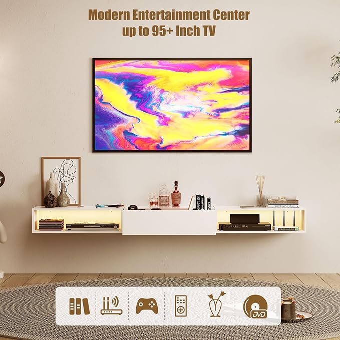 Floating TV Stand for 65 70 75 78 88 95+ inch TV, Entertainment Center with LED Light and Storage Cabinet Media TV Console Shelf for Wall for Living Room Bedroom