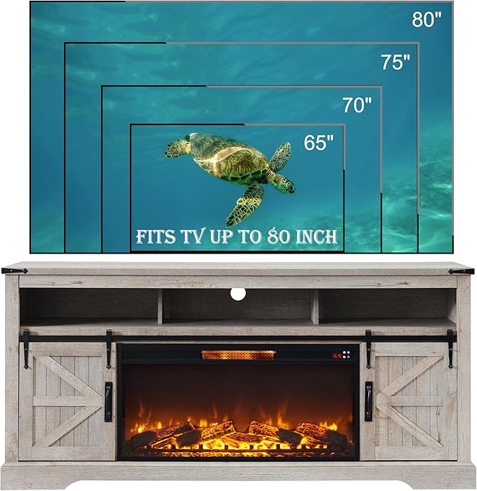 OKD Fireplace TV Stand for 80 Inch TV, 33" Tall Highboy Farmhouse Entertainment Center w/ 36'' Electric Fireplace, Rustic Media Console w/Sliding Barn Door for Living Room, Light Rustic Oak