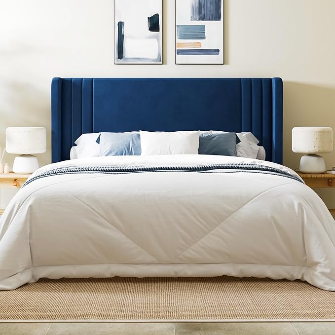 Allewie Queen Size Velvet Platform Bed Frame with Vertical Tufted Wingback Headboard, Easy Assembly, Under Bed Storage, No Box Spring Required, Modern Style, Blue