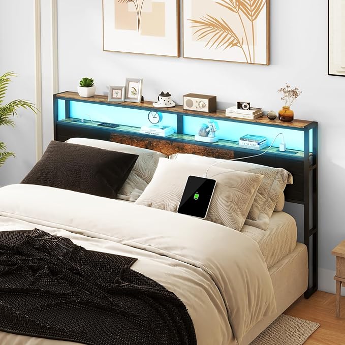 King Size Headboard, Headboards with Charging Station, USB Port and LED Light, Head Board with 2-Tier Storage Shelf, Adjustable Height, Easy Assembly, Sturdy and Stable, Rustic Brown