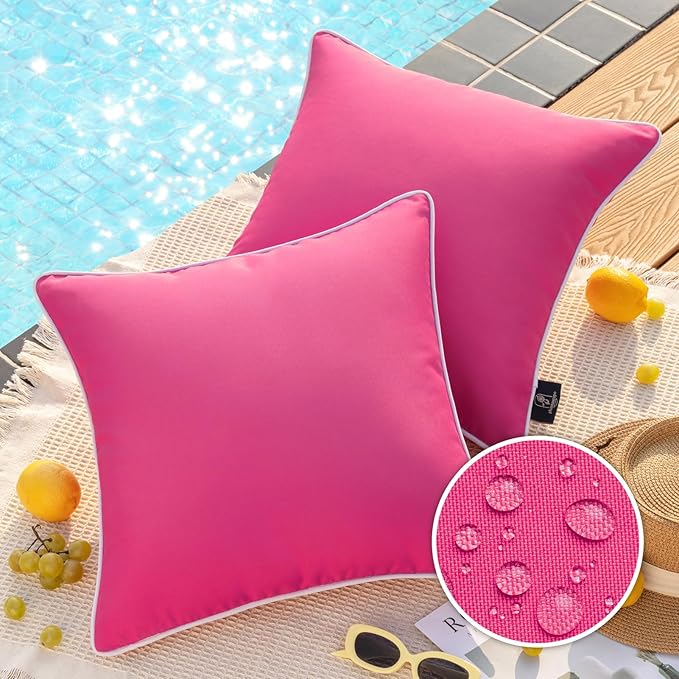 Phantoscope Pack of 2 Outdoor Waterproof Solid Throw Decorative Pillow Cover Decorative Square Outdoor Pillows Cushion Case Patio Pillows for Couch Tent Sunbrella, Hot Pink 20x20 inches 50x50 cm