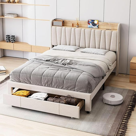 GarveeHome Upholstered Bed Frame with Storage Headboard and Charging Station, Platform Bed Frame with Drawers, Heavy Duty, No Box Spring Needed, Easy Assembly, Beige, Queen Size