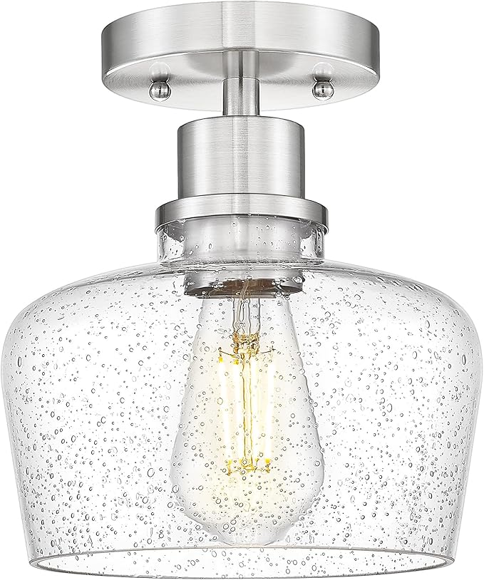 Emak Modern 8 Inch Ceiling Light Fixtures, Brushed Nickel Semi Flush Mount Ceiling Light with Seeded Glass Shade, Flush Mount Light Fixture for Bathroom, Bedroom, Kitchen, Hallway, FM122-BN-SG