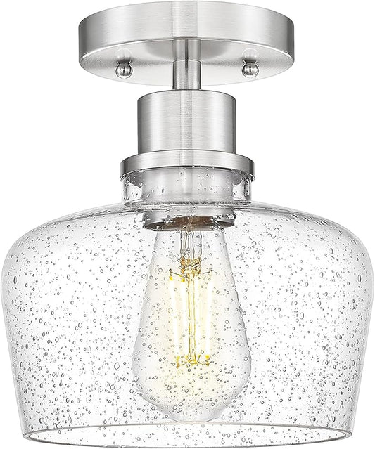 Emak Modern 8 Inch Ceiling Light Fixtures, Brushed Nickel Semi Flush Mount Ceiling Light with Seeded Glass Shade, Flush Mount Light Fixture for Bathroom, Bedroom, Kitchen, Hallway, FM122-BN-SG