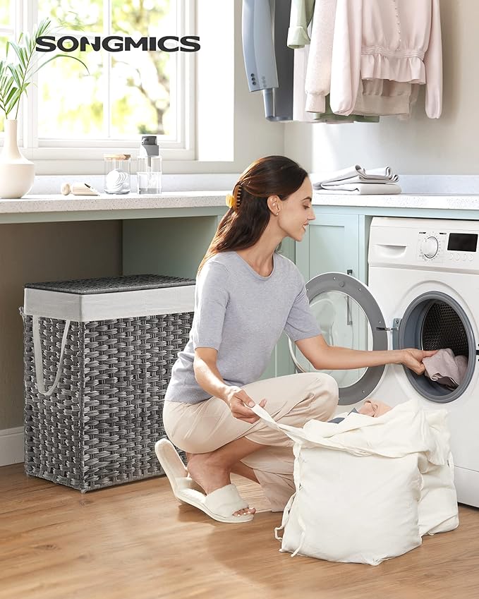 SONGMICS Laundry Hamper with Lid, 90L Clothes Hamper with 2 Removable Liner Bags, 6 Mesh Bags, Wicker Laundry Basket, Double Laundry Hamper for Bathroom, 13 x 18.1 x 23.6 Inches, Gray ULCB251G01V1