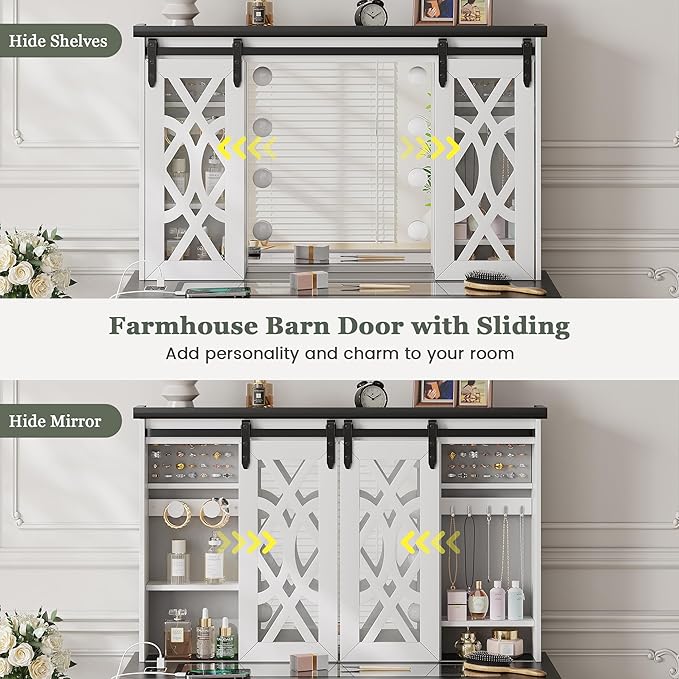 Farmhouse Makeup Vanity with Mirror & Lights, Large Vanity Desk with 5 Drawers & 9 Storage Shelves, Dressing Table with Jewelry Armoire, Vanity Gifts for Wife Girlfriends Women Lady Girl, White