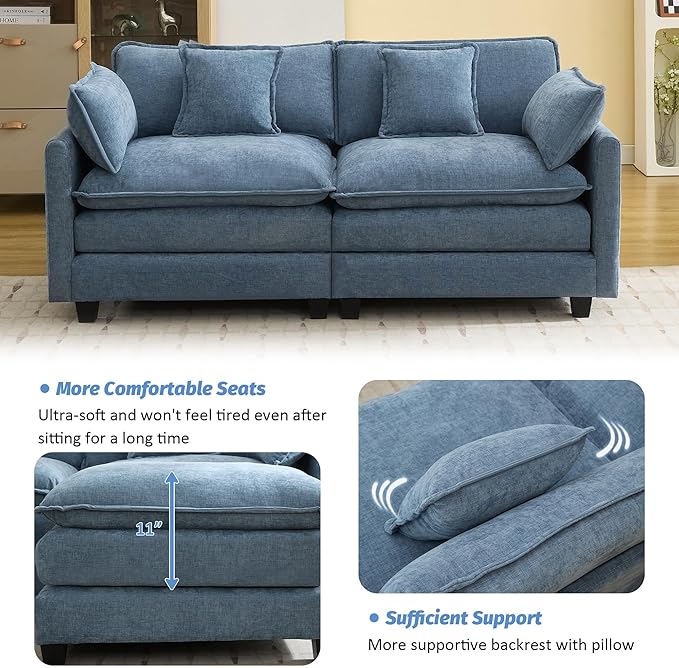 76'' Cloud Deep Seat Loveseat, Upholstered Chenille Modular 2-Seats Sectional Sofa Couch, Modern Comfy Settee Loveseat for Living Room Set, Small Apartment, Blue