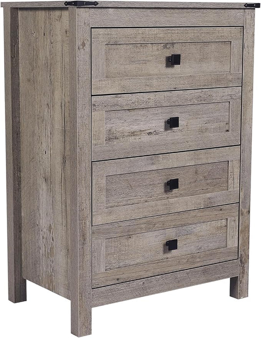 Farmhouse 4 Drawers Dresser, Wood Double Dresser Chest of Drawers Wide Storage Organizer Cabinet for Bedroom, Living Room, Rustic Grey