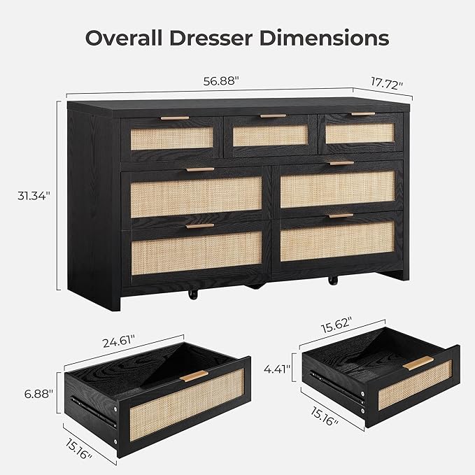 SICOTAS 7 Drawer Dressers for Bedroom Set 2, Long Rattan Dresser, Dresser TV Stand, Closet Organizer Chest of Drawers, Clothes Storage Dressers (Black Oak, 7 Drawers (2 pcs))