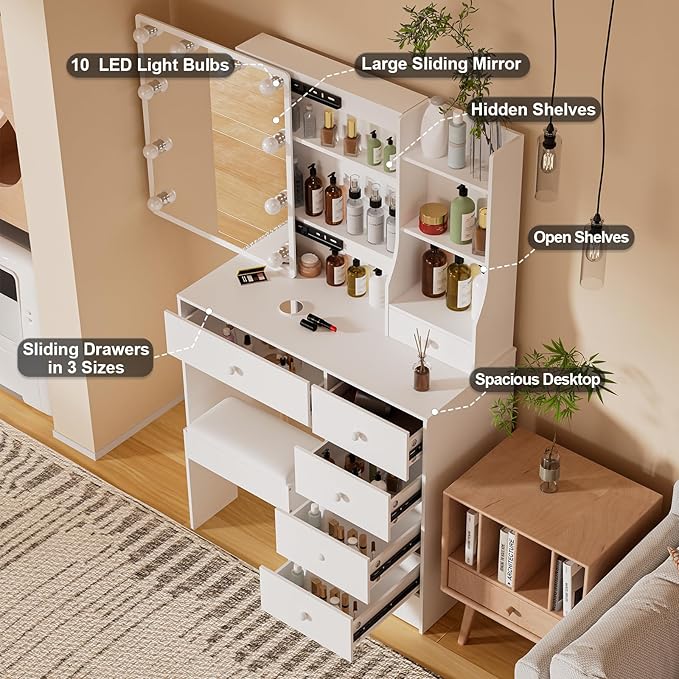 Vanity Desk with Mirror, Lights Bulbs and 10 Lights Makeup Vanity Table with 6 Drawers and 6 Storage Shelves, 3 Color Modes Available for Bedroom Dressing Room, White