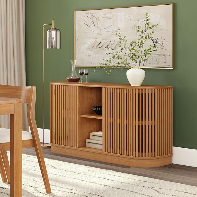 Plank+Beam Contour Wood TV Stand, Two Door Solid Wood Entertainment Console with Storage, 59" L x 16" W x 30" H, Pecan