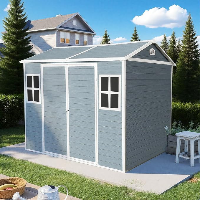 8x6 FT Outdoor Storage Resin Shed with Floor, Waterproof Plastic Garden Tool Shed with Windows, Vents & Lockable Door and Sloped Roof, Easy to Assemble Bike Shed for Patio, Backyard, Lawn, Grey