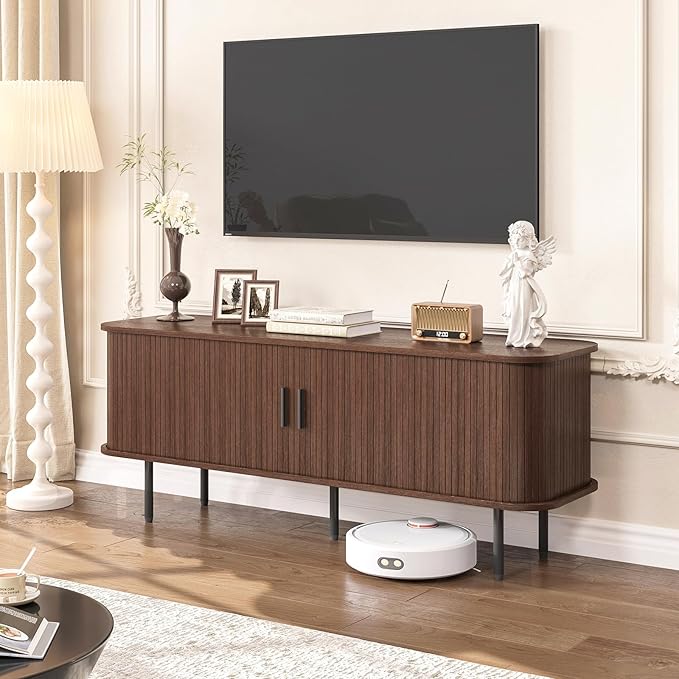 55" Mid Century Modern Fluted TV Stand for TVs up to 65 Inch, Gaming Entertainment Center with Tambour Slatted Sliding Doors, Media TV Consoles Table for Living Room, Walnut