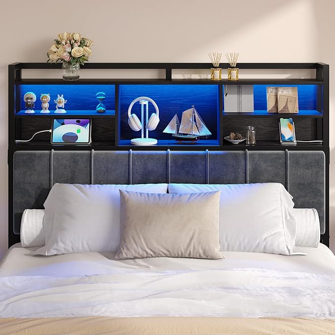 Headboard with 3-Tier Storage Shelves, Velvet Upholstered Head Board with 2 Outlets, USB Ports & LED Light, Soft Backrest for Queen Size Bed, Black BH15204B